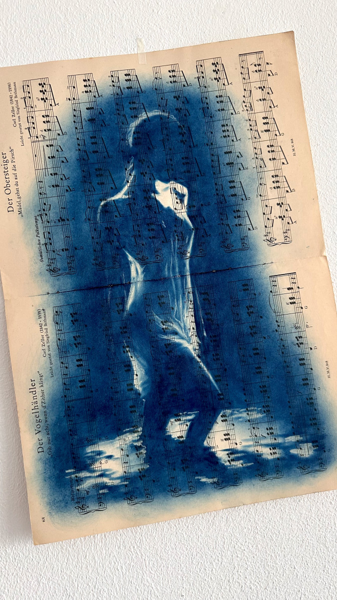Muse №4 -Moonlight Blue Figurative Painting on Vintage Sheet Music – Female Silhouette, Water Reflection, Inspiration Art Series