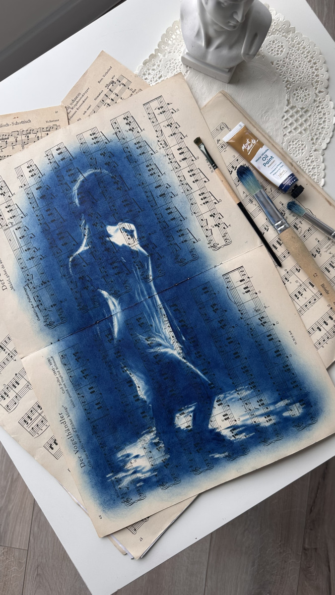Muse №4 -Moonlight Blue Figurative Painting on Vintage Sheet Music – Female Silhouette, Water Reflection, Inspiration Art Series