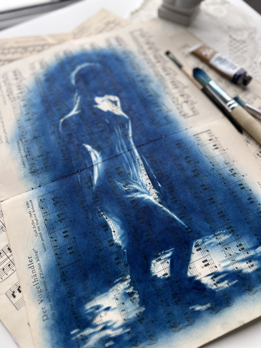 Muse №4 -Moonlight Blue Figurative Painting on Vintage Sheet Music – Female Silhouette, Water Reflection, Inspiration Art Series