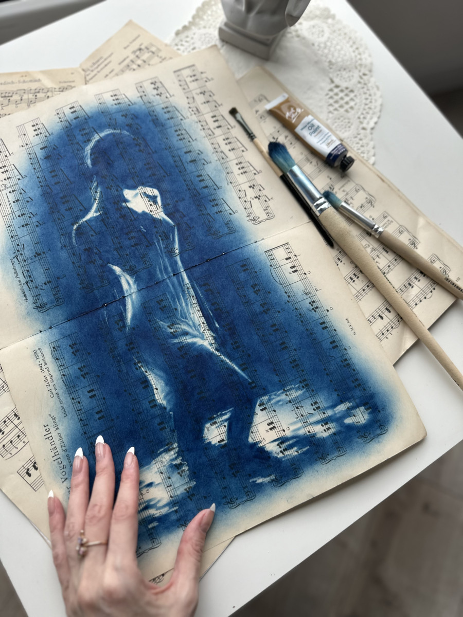 Muse №4 -Moonlight Blue Figurative Painting on Vintage Sheet Music – Female Silhouette, Water Reflection, Inspiration Art Series