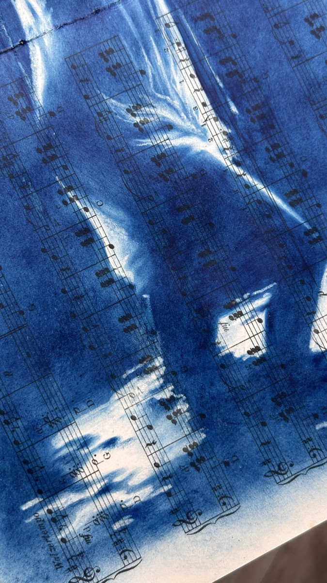 Muse №4 -Moonlight Blue Figurative Painting on Vintage Sheet Music – Female Silhouette, Water Reflection, Inspiration Art Series