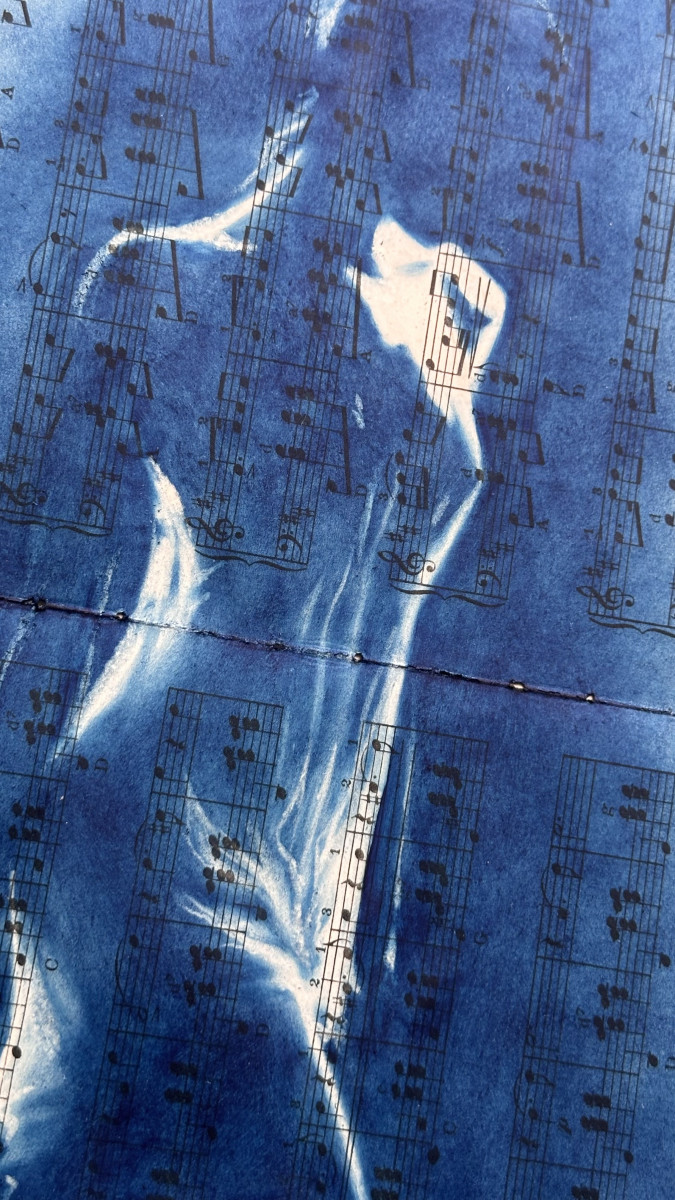 Muse №4 -Moonlight Blue Figurative Painting on Vintage Sheet Music – Female Silhouette, Water Reflection, Inspiration Art Series