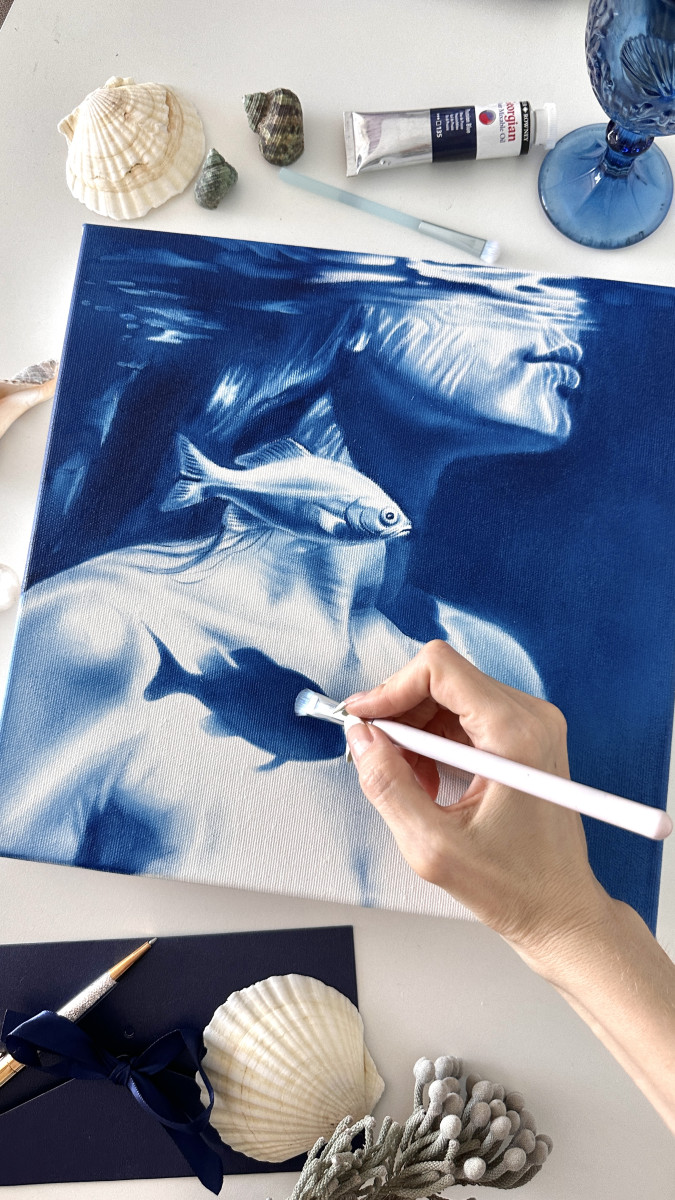 Hooked on You – Blue Female Underwater Portrait with Fish