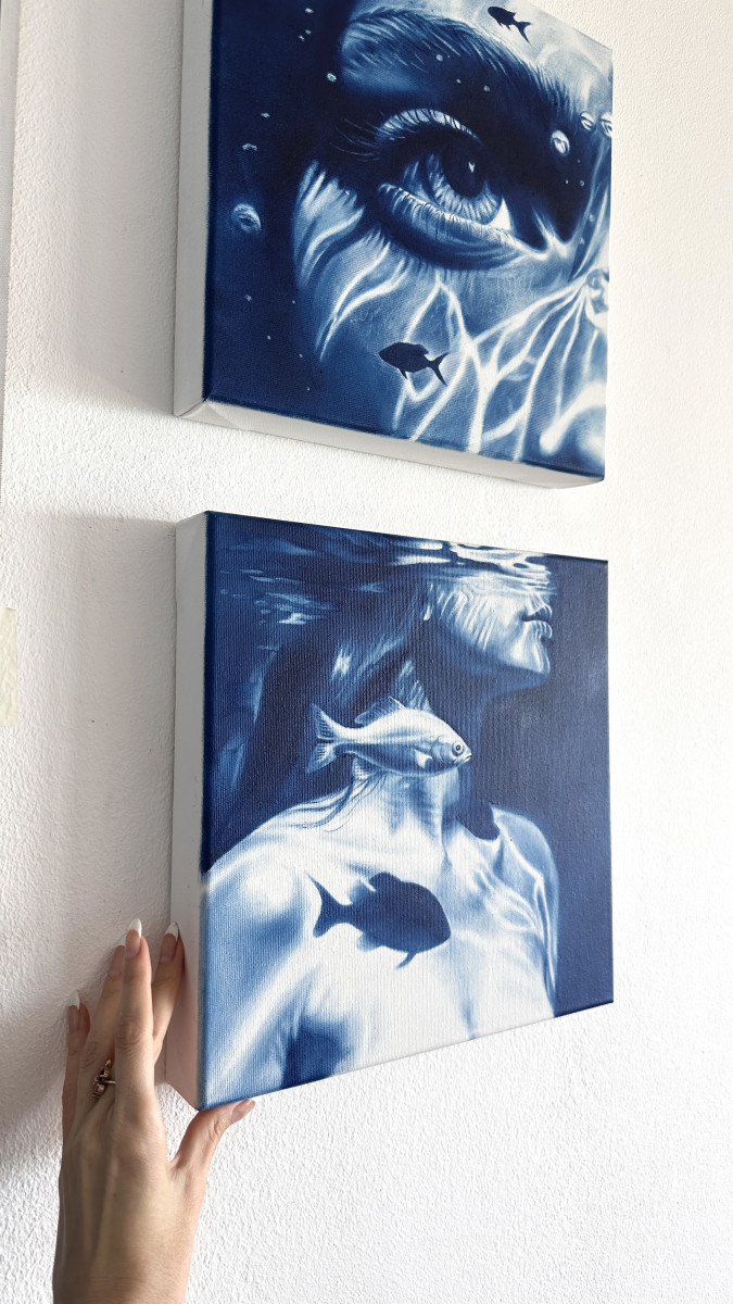 Hooked on You – Blue Female Underwater Portrait with Fish
