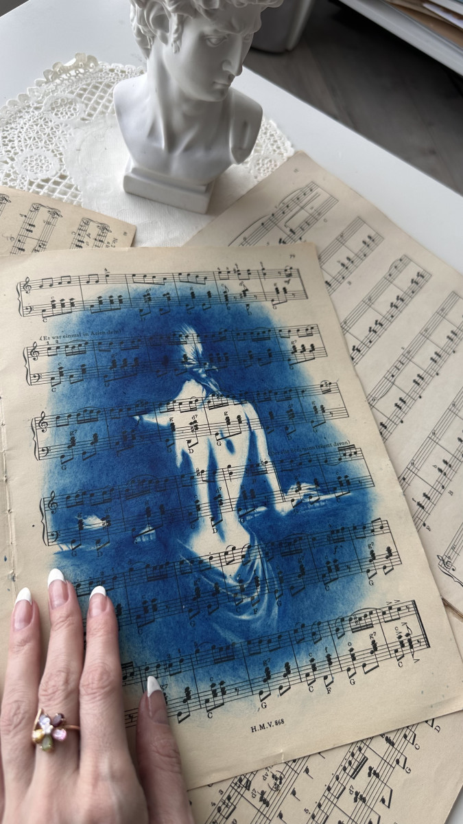 Muse №6 - Blue Figurative Painting on Vintage Sheet Music – Woman Playing Piano, Cyanotype Style Art, Contemporary Music Inspired Artwork