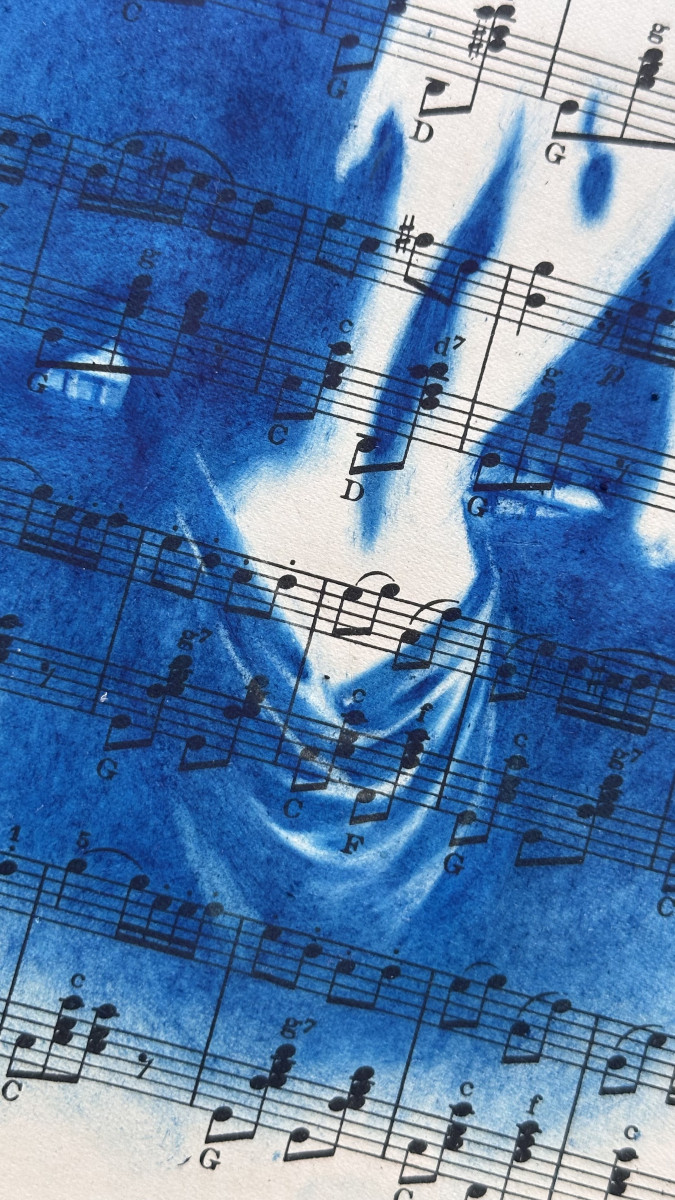 Muse №6 - Blue Figurative Painting on Vintage Sheet Music – Woman Playing Piano, Cyanotype Style Art, Contemporary Music Inspired Artwork