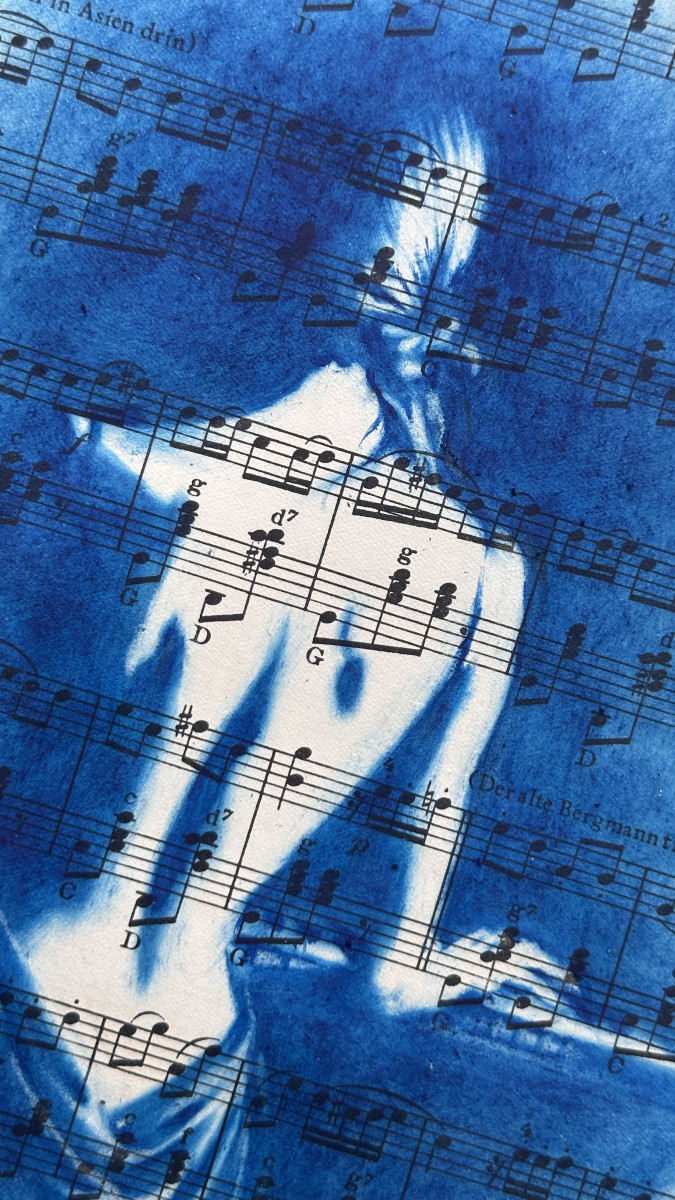 Muse №6 - Blue Figurative Painting on Vintage Sheet Music – Woman Playing Piano, Cyanotype Style Art, Contemporary Music Inspired Artwork