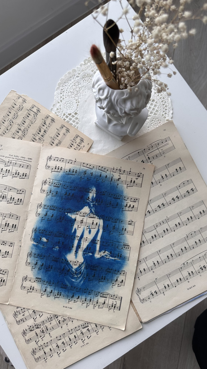 Muse №6 - Blue Figurative Painting on Vintage Sheet Music – Woman Playing Piano, Cyanotype Style Art, Contemporary Music Inspired Artwork