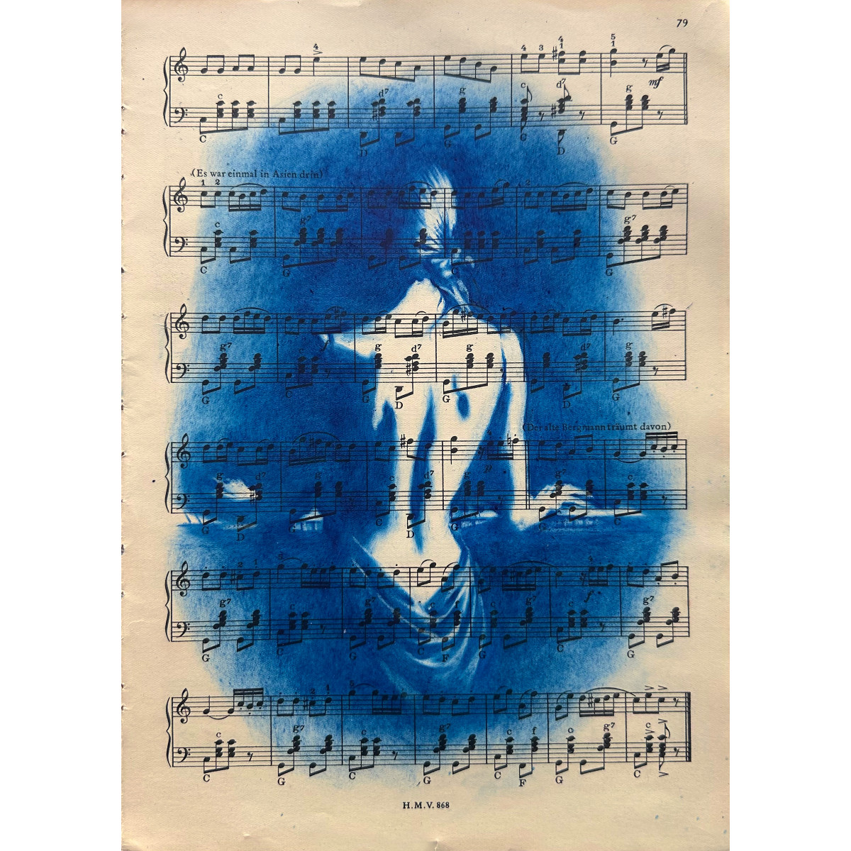 Muse №6 - Blue Figurative Painting on Vintage Sheet Music – Woman Playing Piano, Cyanotype Style Art, Contemporary Music Inspired Artwork