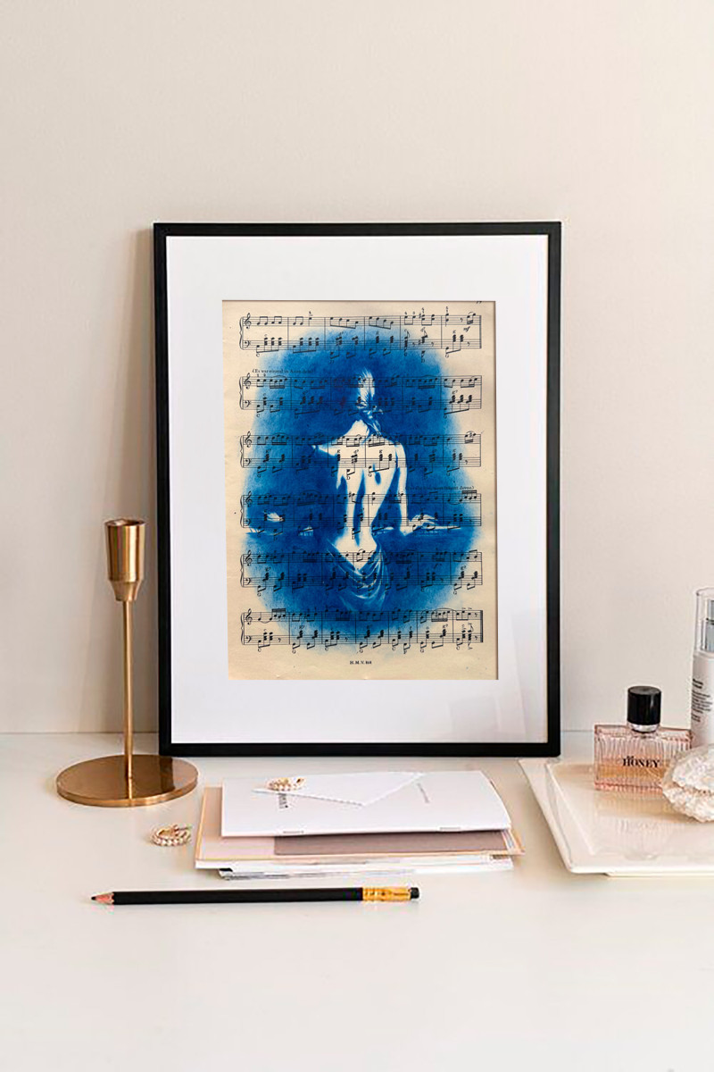 Muse №6 - Blue Figurative Painting on Vintage Sheet Music – Woman Playing Piano, Cyanotype Style Art, Contemporary Music Inspired Artwork