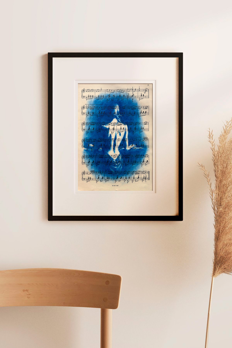 Muse №6 - Blue Figurative Painting on Vintage Sheet Music – Woman Playing Piano, Cyanotype Style Art, Contemporary Music Inspired Artwork