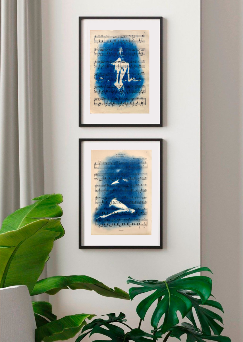 Muse №6 - Blue Figurative Painting on Vintage Sheet Music – Woman Playing Piano, Cyanotype Style Art, Contemporary Music Inspired Artwork