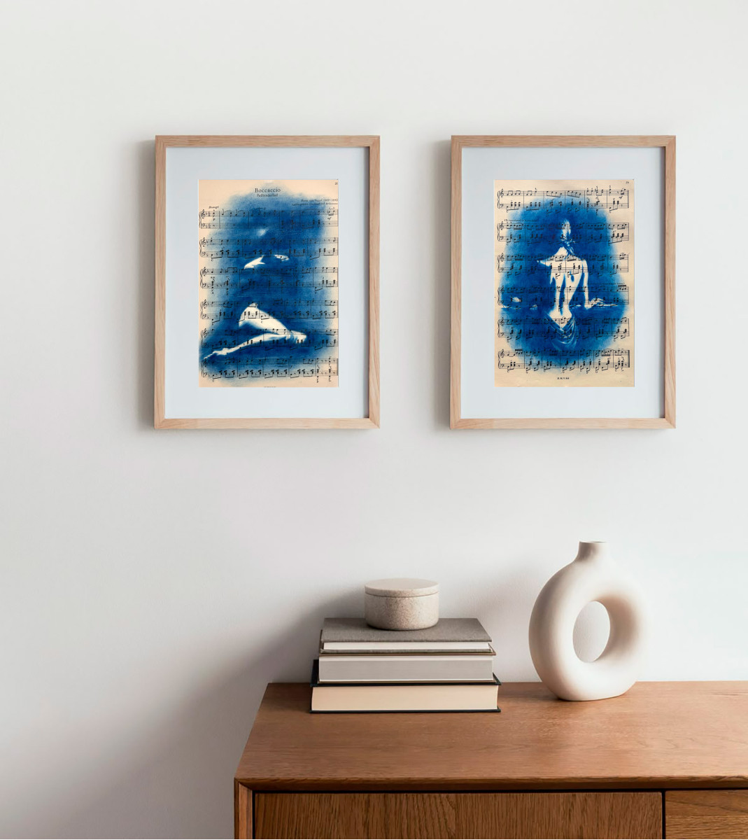 Muse №6 - Blue Figurative Painting on Vintage Sheet Music – Woman Playing Piano, Cyanotype Style Art, Contemporary Music Inspired Artwork
