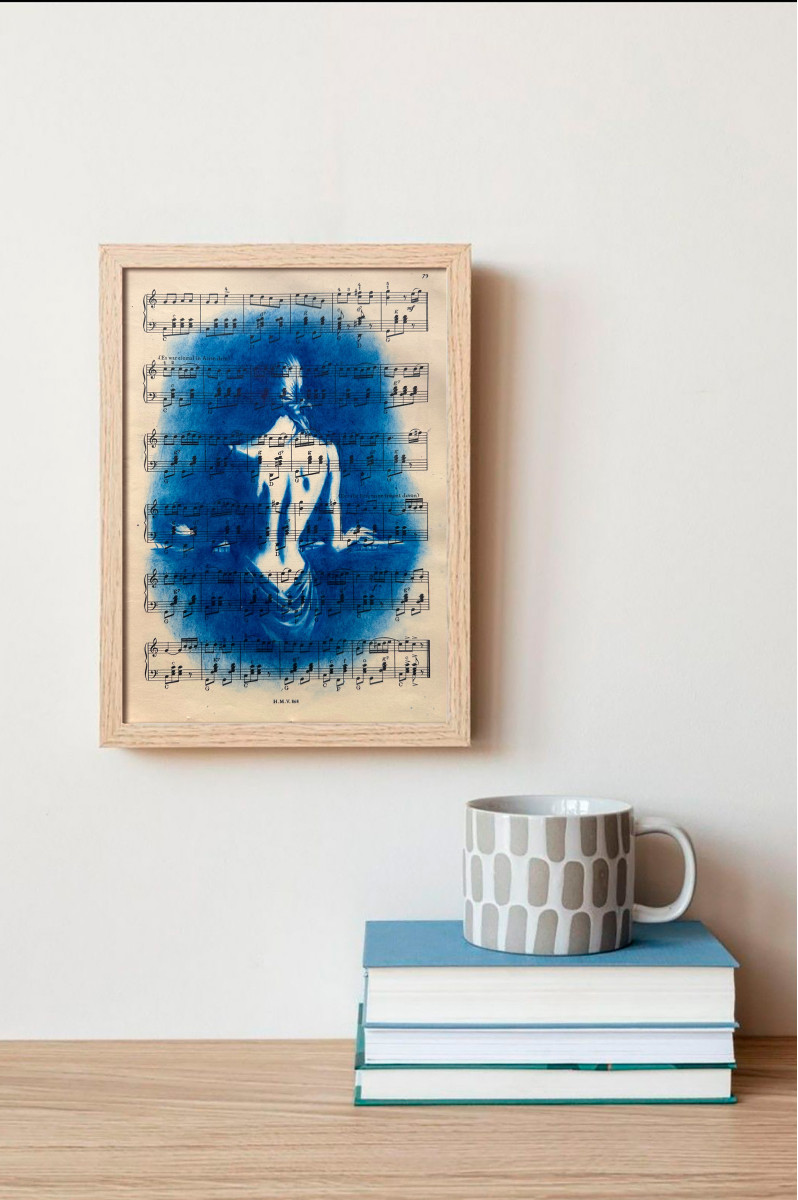 Muse №6 - Blue Figurative Painting on Vintage Sheet Music – Woman Playing Piano, Cyanotype Style Art, Contemporary Music Inspired Artwork