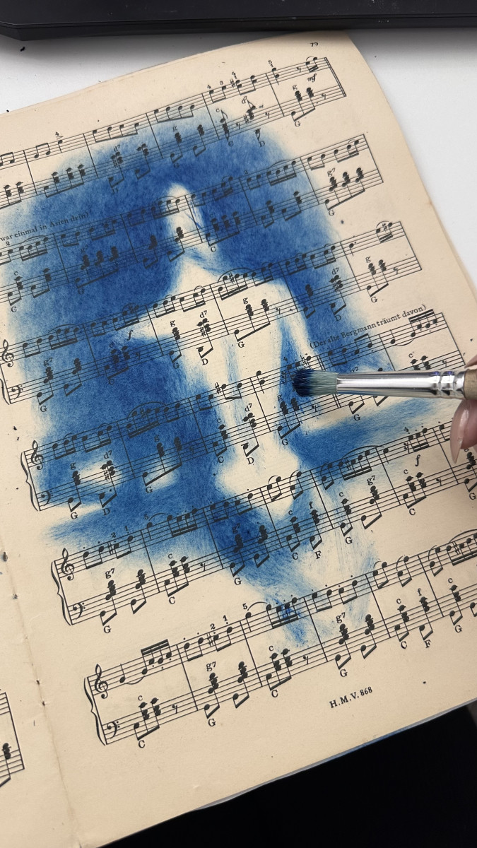 Muse №6 - Blue Figurative Painting on Vintage Sheet Music – Woman Playing Piano, Cyanotype Style Art, Contemporary Music Inspired Artwork