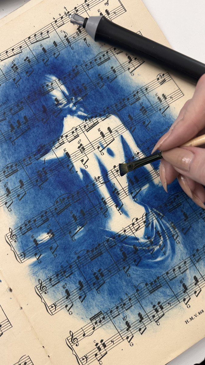 Muse №6 - Blue Figurative Painting on Vintage Sheet Music – Woman Playing Piano, Cyanotype Style Art, Contemporary Music Inspired Artwork