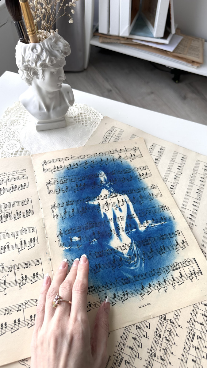 Muse №6 - Blue Figurative Painting on Vintage Sheet Music – Woman Playing Piano, Cyanotype Style Art, Contemporary Music Inspired Artwork
