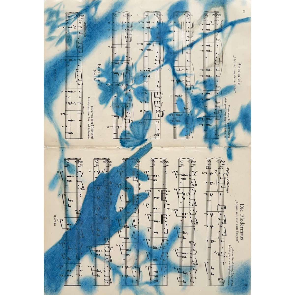 Muse №7 - Blue Painting on Vintage Sheet Music – Hand, Leaves and Butterfly, Cyanotype Style Nature Inspired Minimalist Wall Art