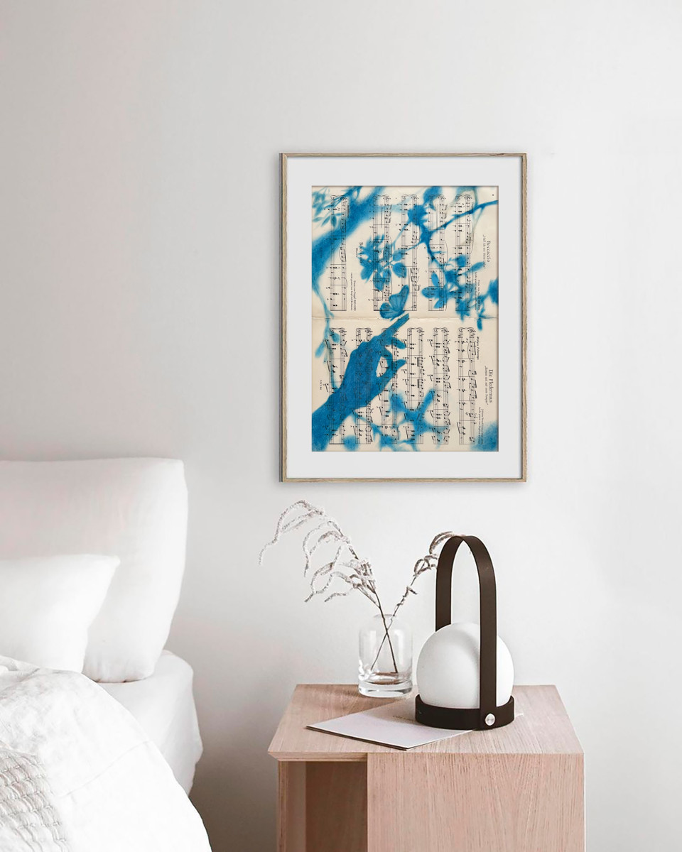 Muse №7 - Blue Painting on Vintage Sheet Music – Hand, Leaves and Butterfly, Cyanotype Style Nature Inspired Minimalist Wall Art