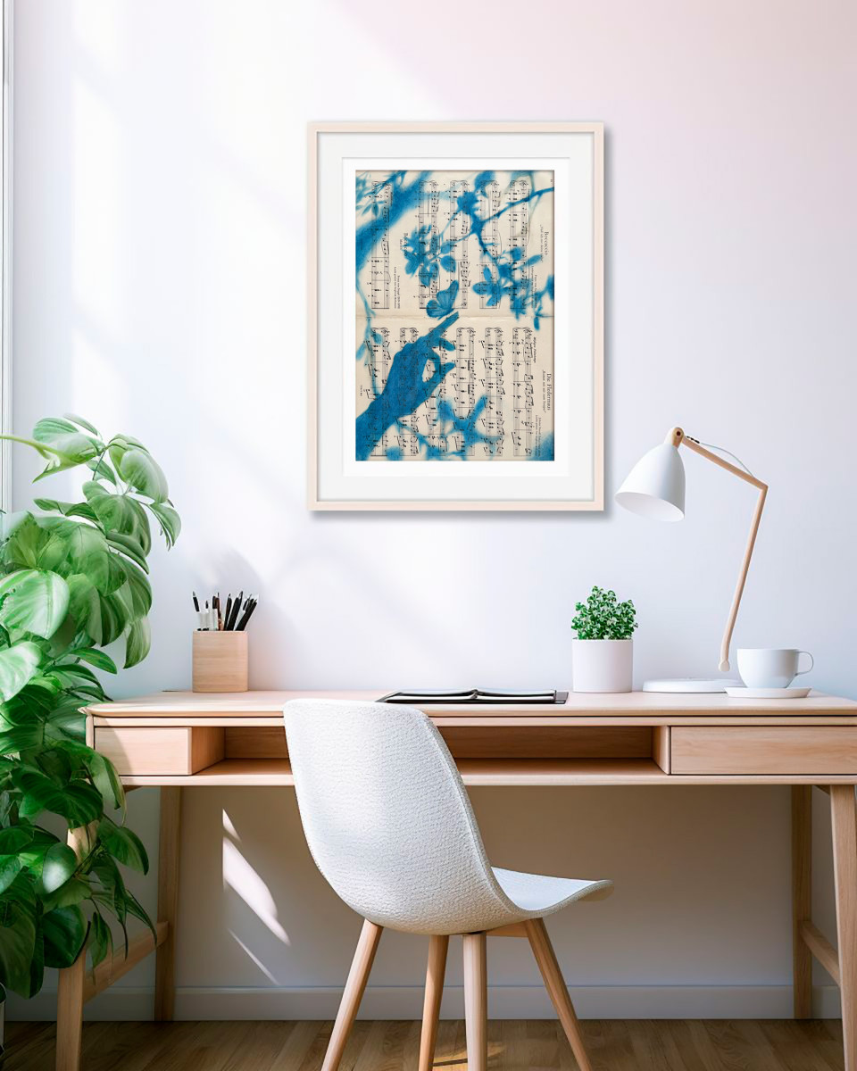 Muse №7 - Blue Painting on Vintage Sheet Music – Hand, Leaves and Butterfly, Cyanotype Style Nature Inspired Minimalist Wall Art
