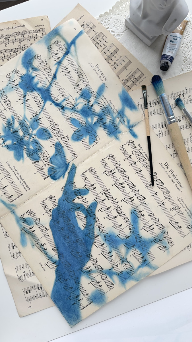 Muse №7 - Blue Painting on Vintage Sheet Music – Hand, Leaves and Butterfly, Cyanotype Style Nature Inspired Minimalist Wall Art