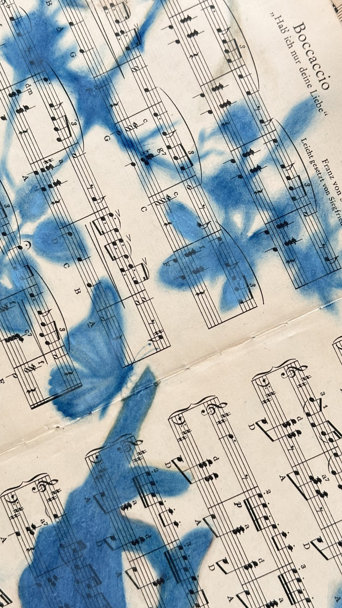 Muse №7 - Blue Painting on Vintage Sheet Music – Hand, Leaves and Butterfly, Cyanotype Style Nature Inspired Minimalist Wall Art
