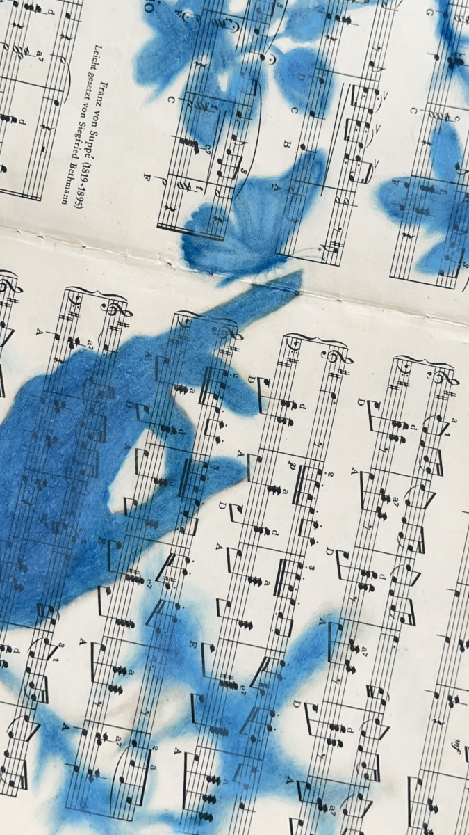 Muse №7 - Blue Painting on Vintage Sheet Music – Hand, Leaves and Butterfly, Cyanotype Style Nature Inspired Minimalist Wall Art