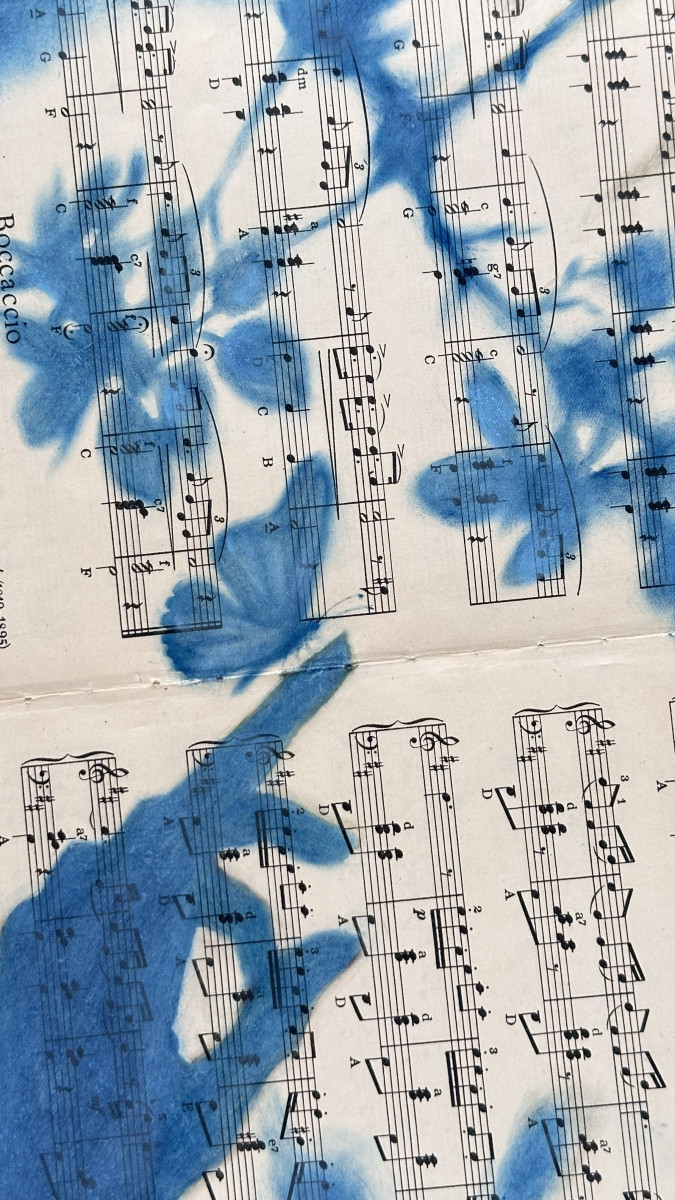 Muse №7 - Blue Painting on Vintage Sheet Music – Hand, Leaves and Butterfly, Cyanotype Style Nature Inspired Minimalist Wall Art
