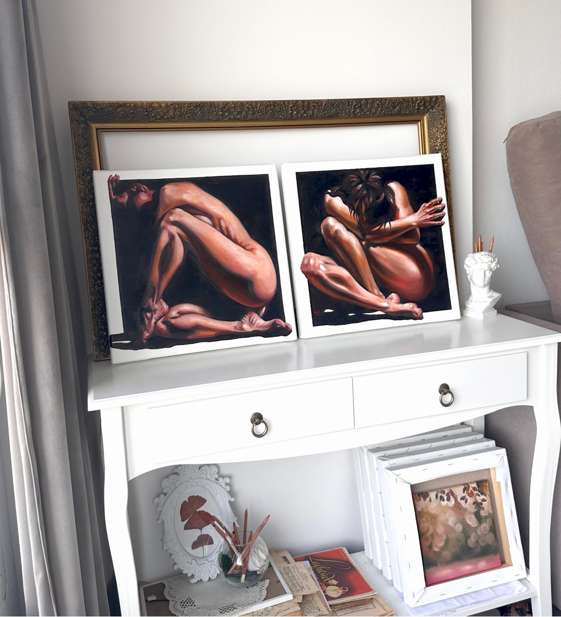Comfort Zone – Contemporary Figurative Nude Diptych, Original Oil Paintings on Canvas