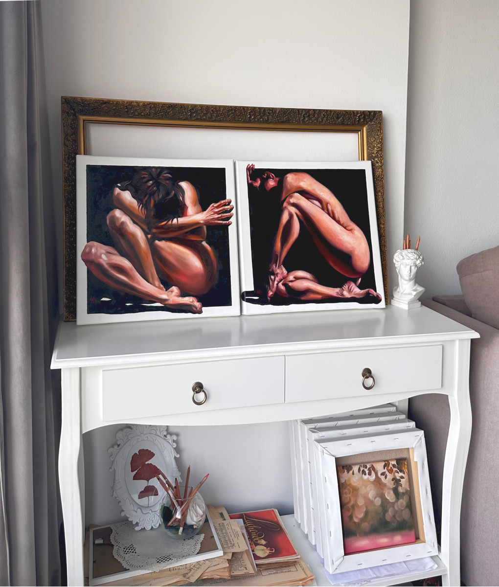 Comfort Zone – Contemporary Figurative Nude Diptych, Original Oil Paintings on Canvas
