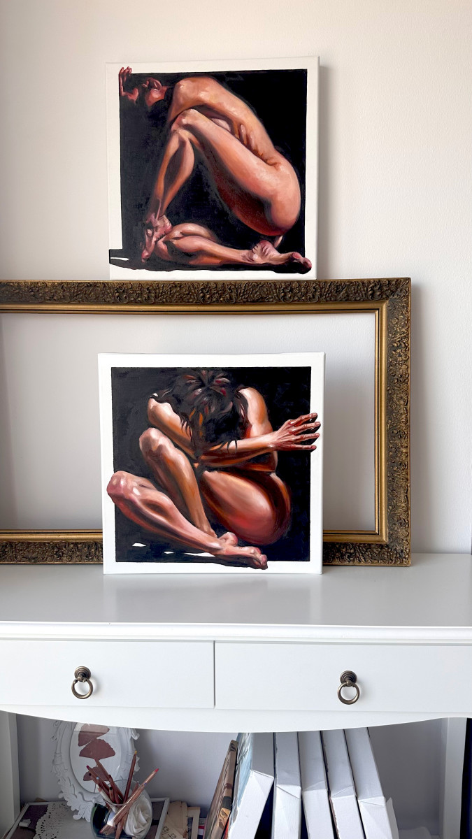 Comfort Zone – Contemporary Figurative Nude Diptych, Original Oil Paintings on Canvas
