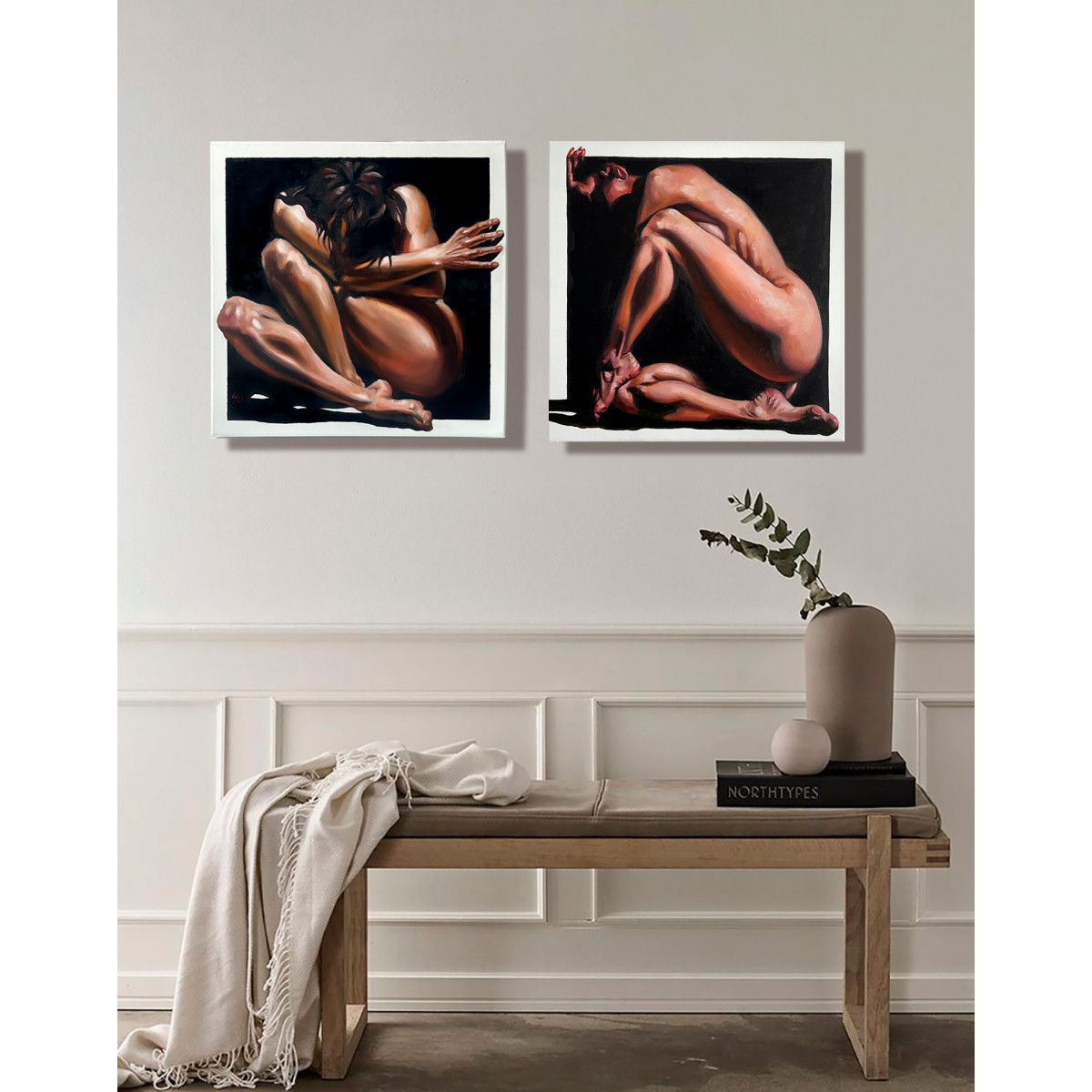 Comfort Zone – Contemporary Figurative Nude Diptych, Original Oil Paintings on Canvas