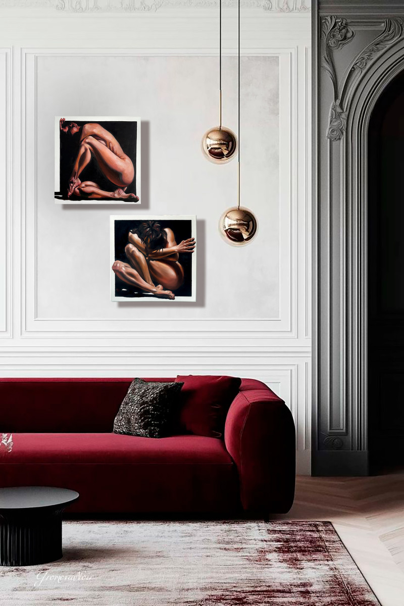 Comfort Zone – Contemporary Figurative Nude Diptych, Original Oil Paintings on Canvas