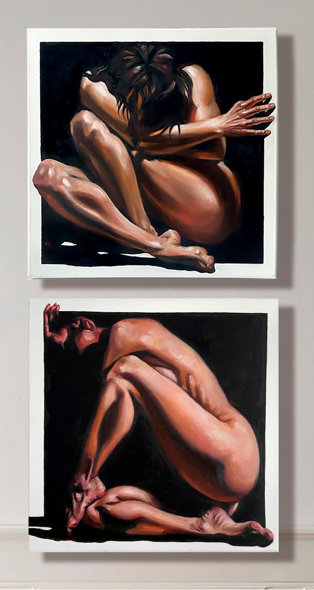 Comfort Zone – Contemporary Figurative Nude Diptych, Original Oil Paintings on Canvas