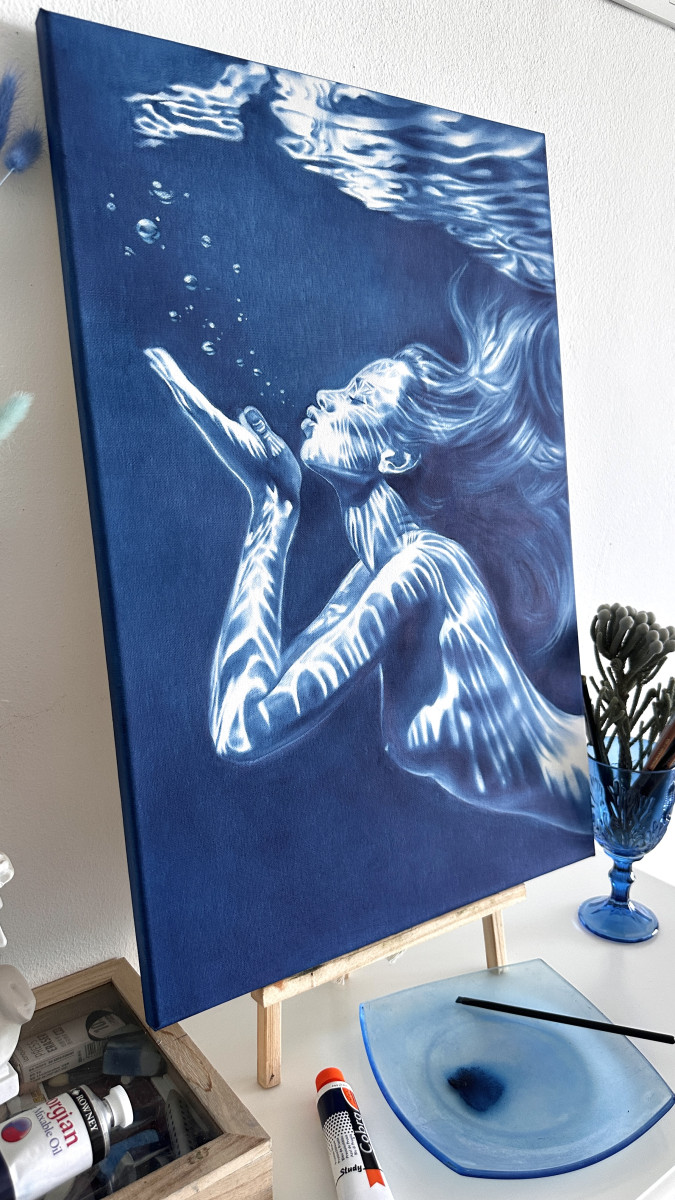 The Mermaid's Kiss – Fleeting Memory, Underwater Reflections in Blue Ocean