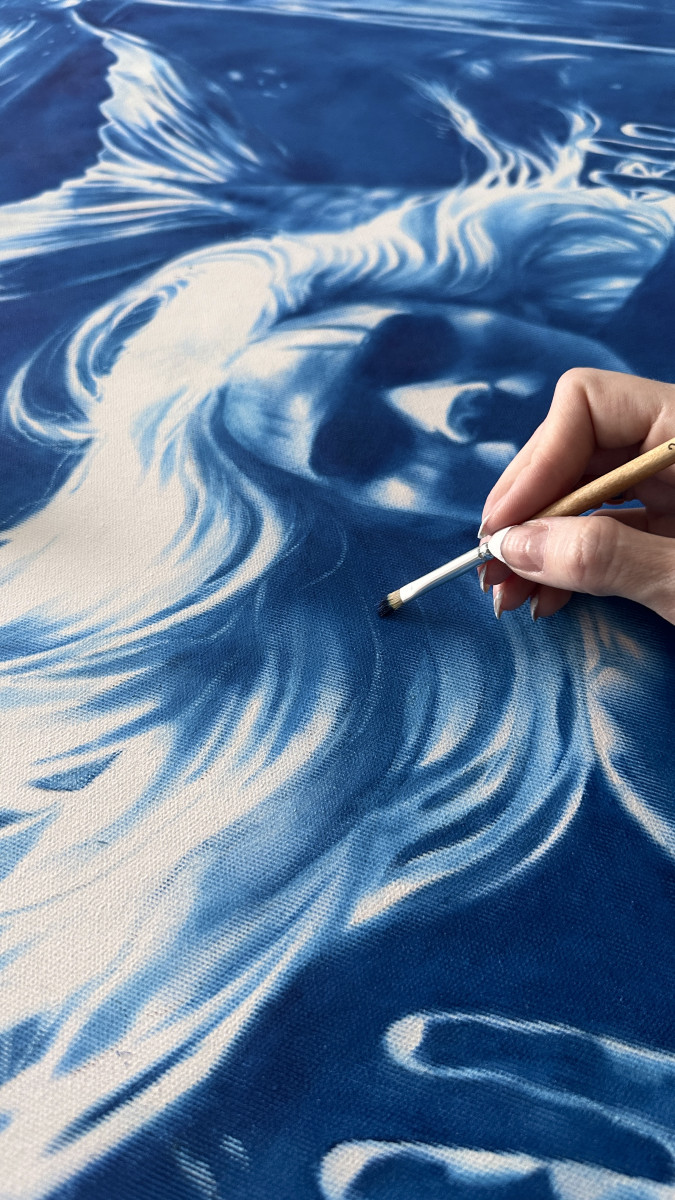 The Secret of the Mermaid - Large Blue Surreal Ocean Wall Decor, Conceptual Feminine Artwork