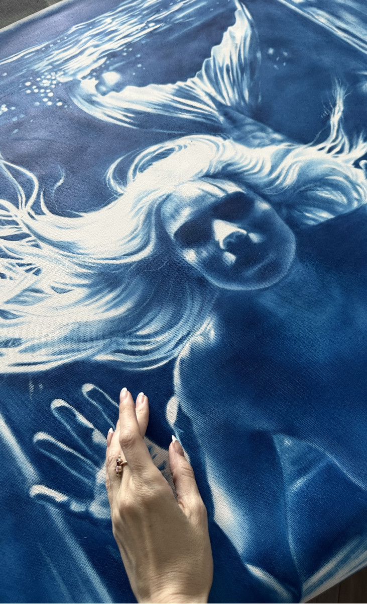 The Secret of the Mermaid - Large Blue Surreal Ocean Wall Decor, Conceptual Feminine Artwork