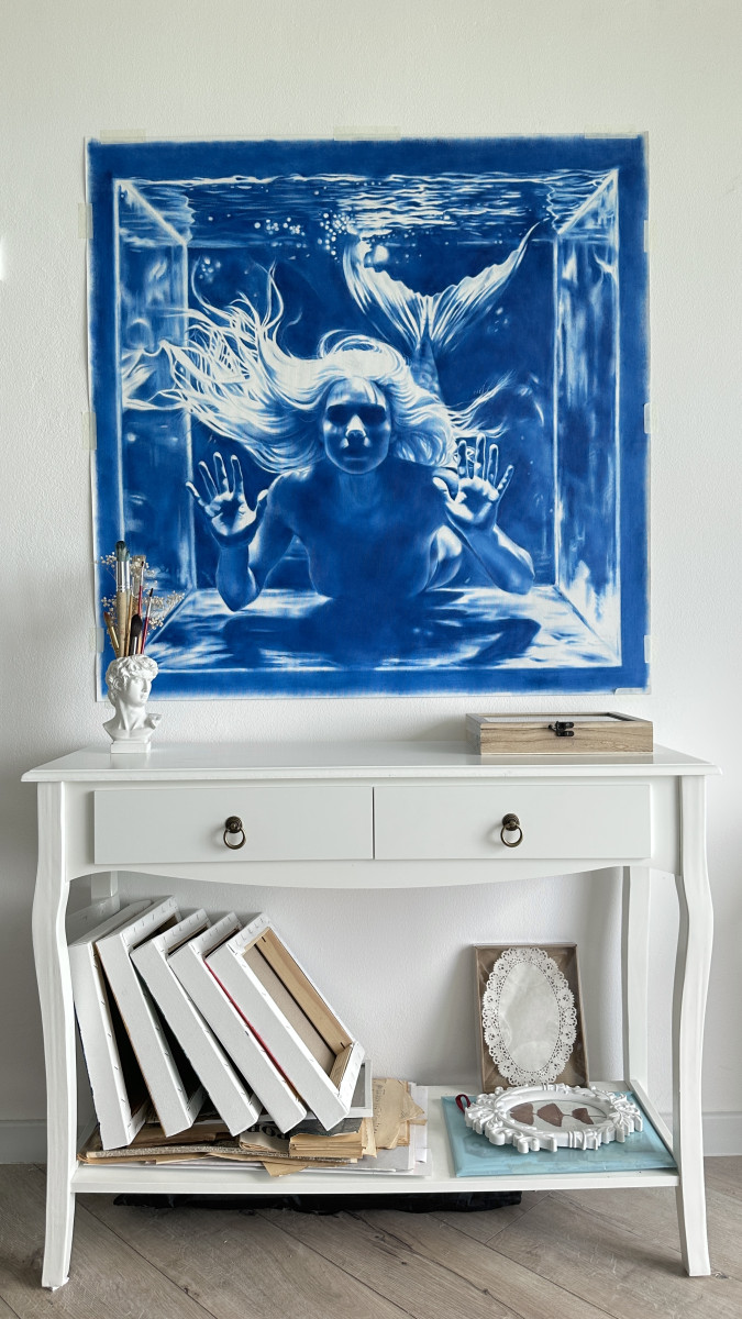 The Secret of the Mermaid - Large Blue Surreal Ocean Wall Decor, Conceptual Feminine Artwork