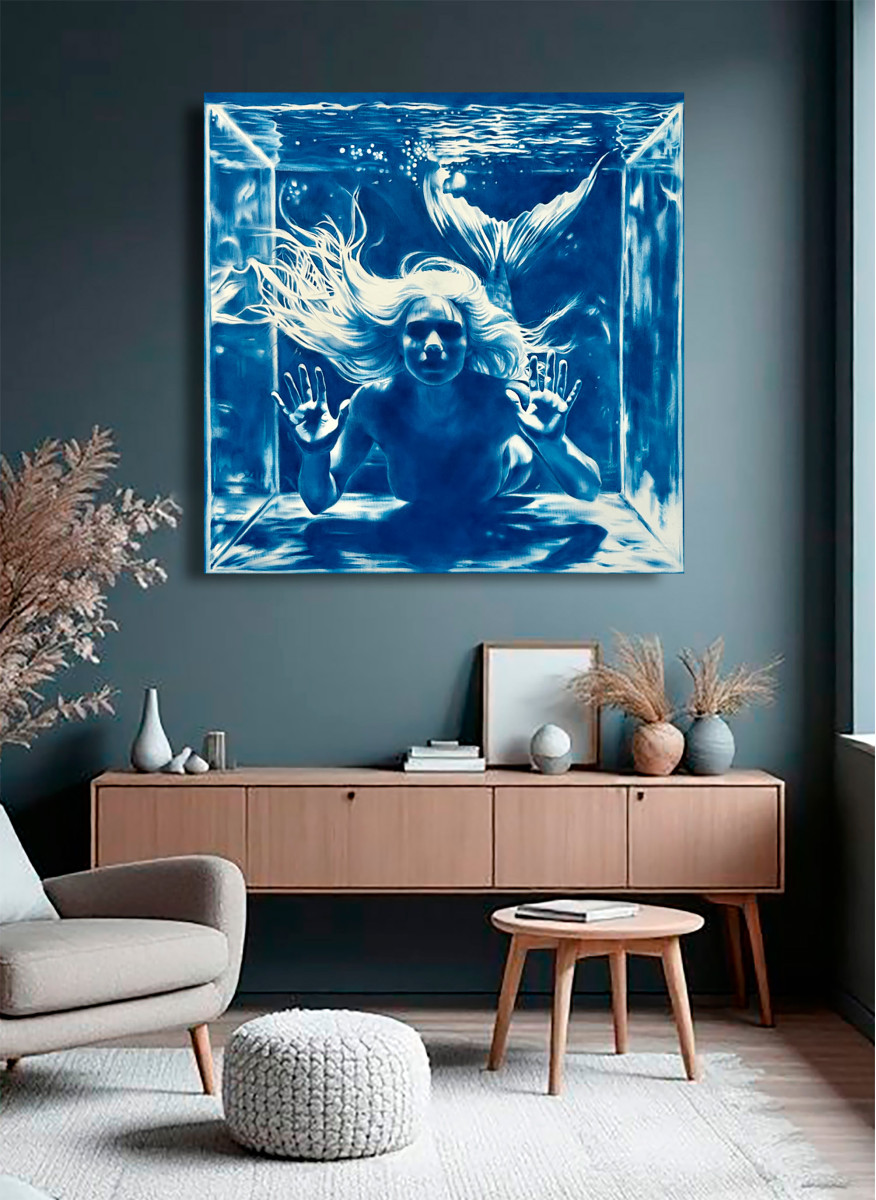 The Secret of the Mermaid - Large Blue Surreal Ocean Wall Decor, Conceptual Feminine Artwork