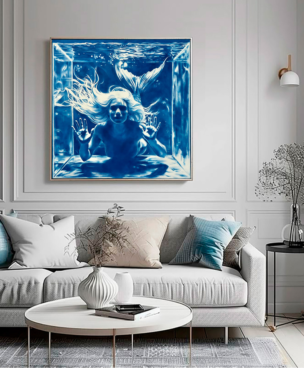 The Secret of the Mermaid - Large Blue Surreal Ocean Wall Decor, Conceptual Feminine Artwork