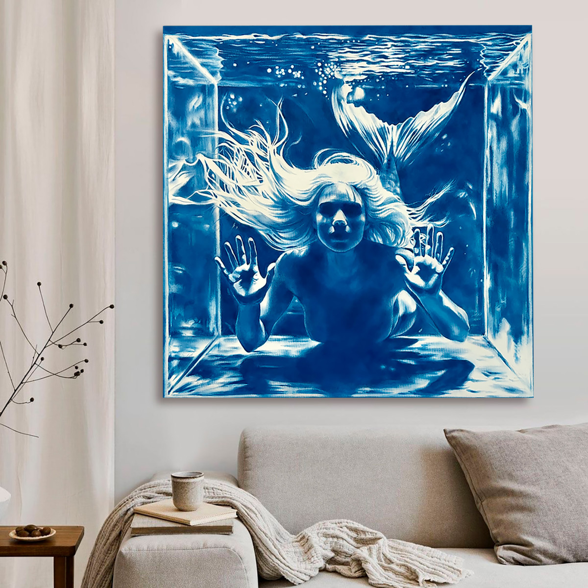 The Secret of the Mermaid - Large Blue Surreal Ocean Wall Decor, Conceptual Feminine Artwork