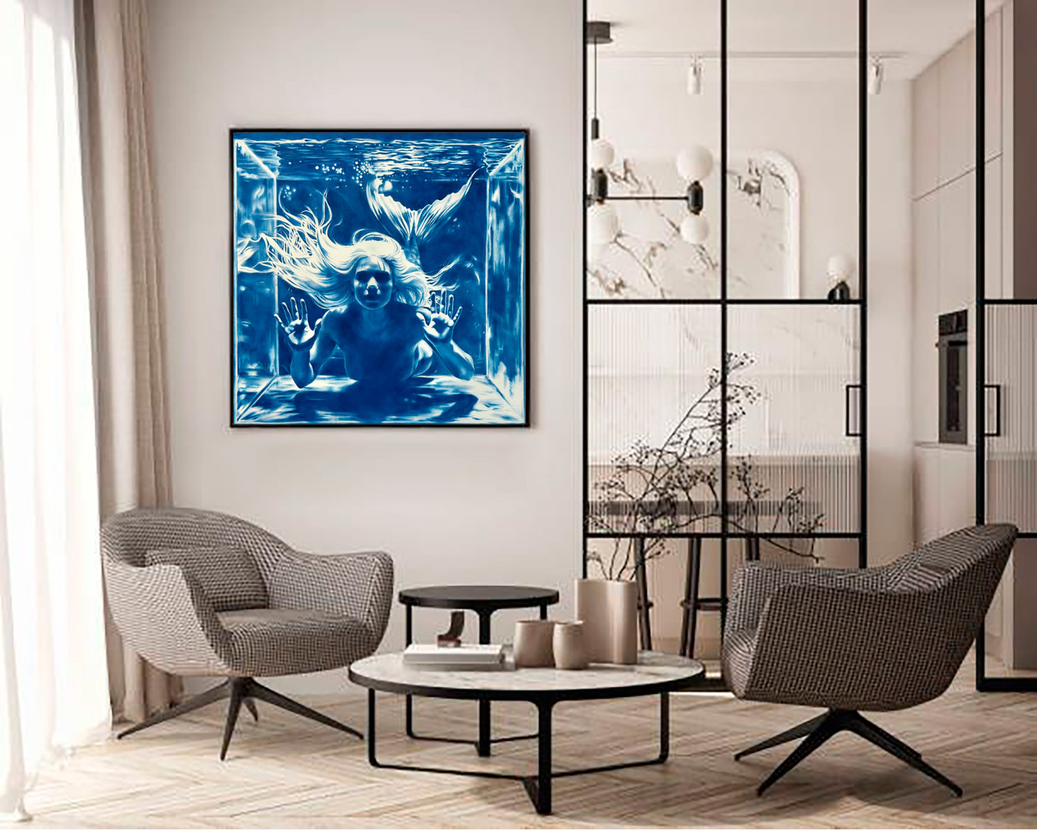 The Secret of the Mermaid - Large Blue Surreal Ocean Wall Decor, Conceptual Feminine Artwork