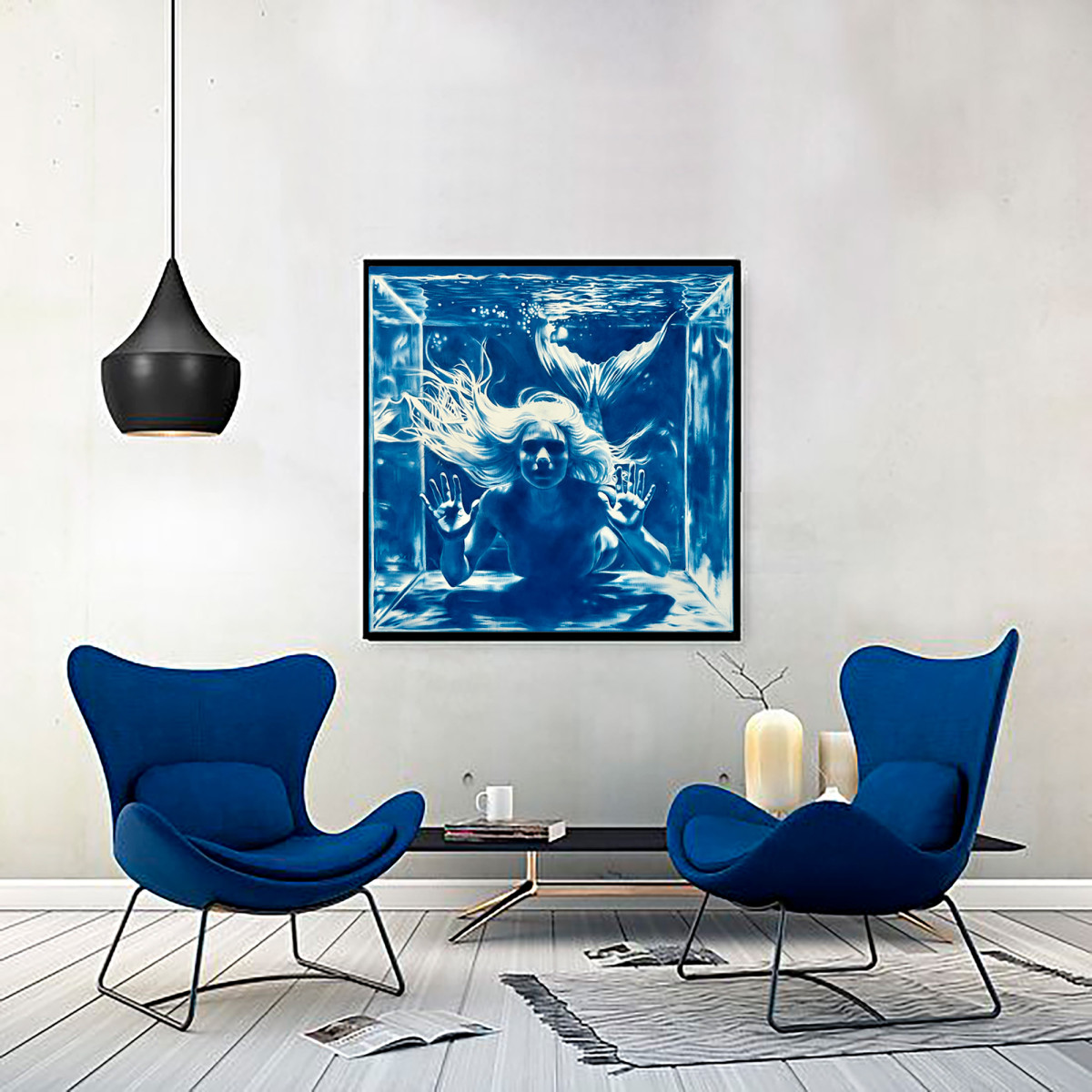 The Secret of the Mermaid - Large Blue Surreal Ocean Wall Decor, Conceptual Feminine Artwork