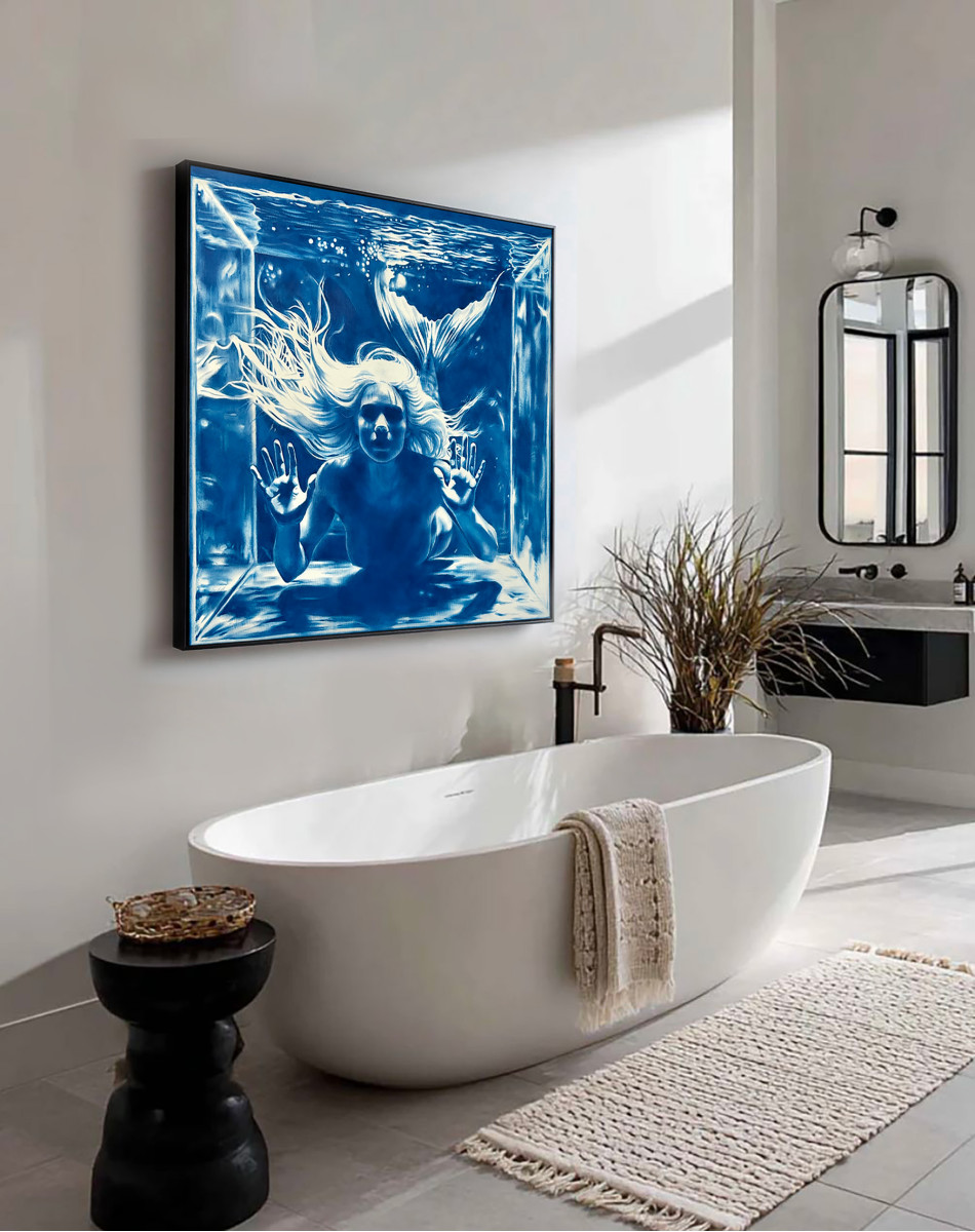 The Secret of the Mermaid - Large Blue Surreal Ocean Wall Decor, Conceptual Feminine Artwork