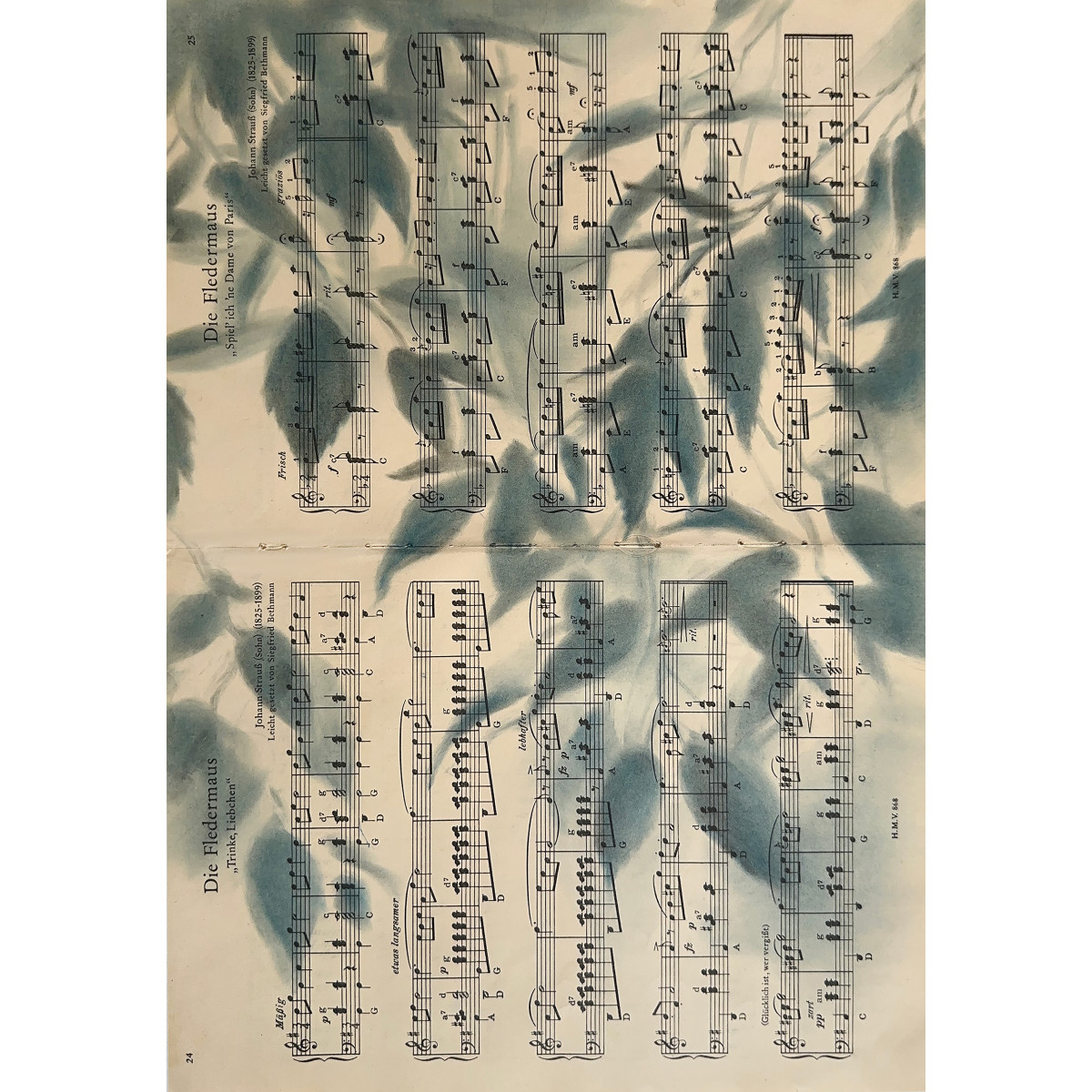 Silhouette Sonata No.6 — Pastel Blue Leaves on Vintage Sheet Music