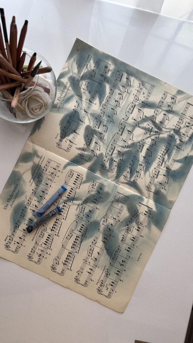 Silhouette Sonata No.6 — Pastel Blue Leaves on Vintage Sheet Music