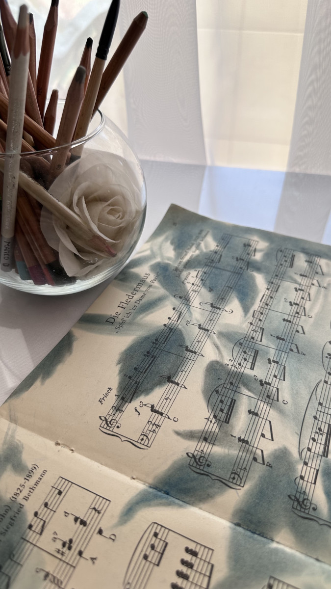 Silhouette Sonata No.6 — Pastel Blue Leaves on Vintage Sheet Music