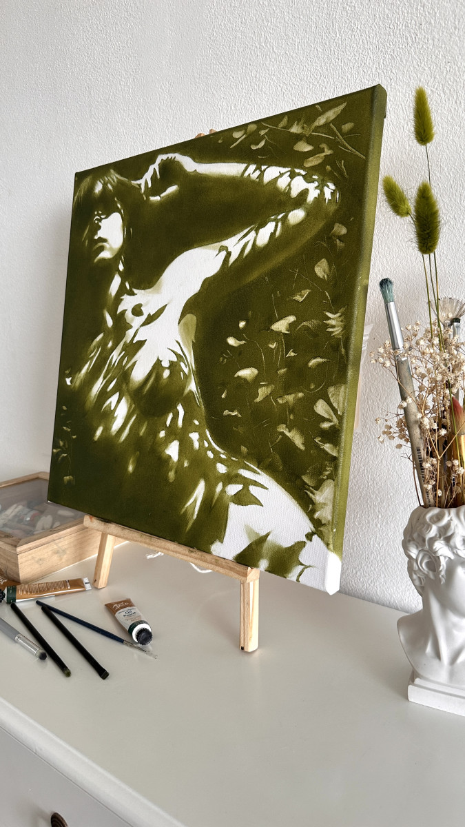 Forest Nymph's Reflection - Olive Green Floating in Water Nude