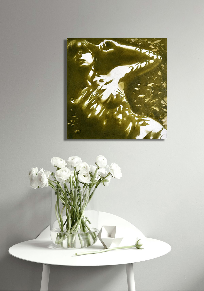 Forest Nymph's Reflection - Olive Green Floating in Water Nude