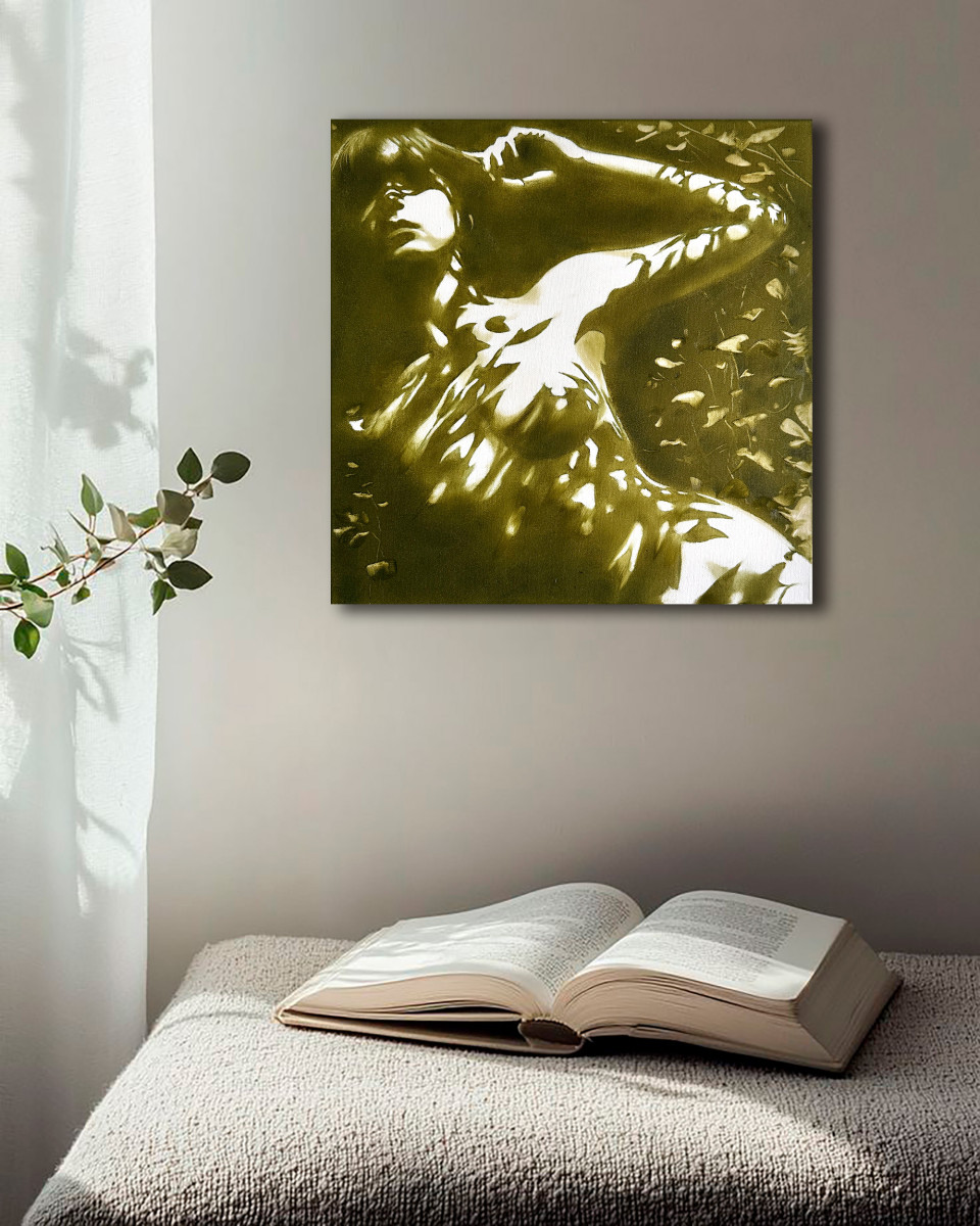 Forest Nymph's Reflection - Olive Green Floating in Water Nude